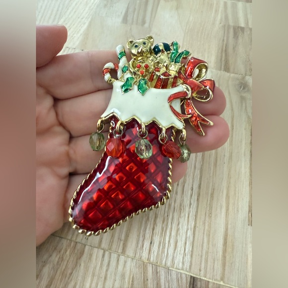 Christopher Radko Brooch Enamel Christmas Stocking Holiday Pin Teddy Bear - Picture 4 of 5